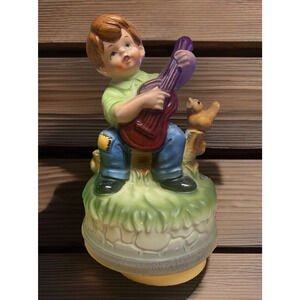 Vtg Artmark Japan Hand Painted Music Box Boy Playing Guitar To A Little Bird